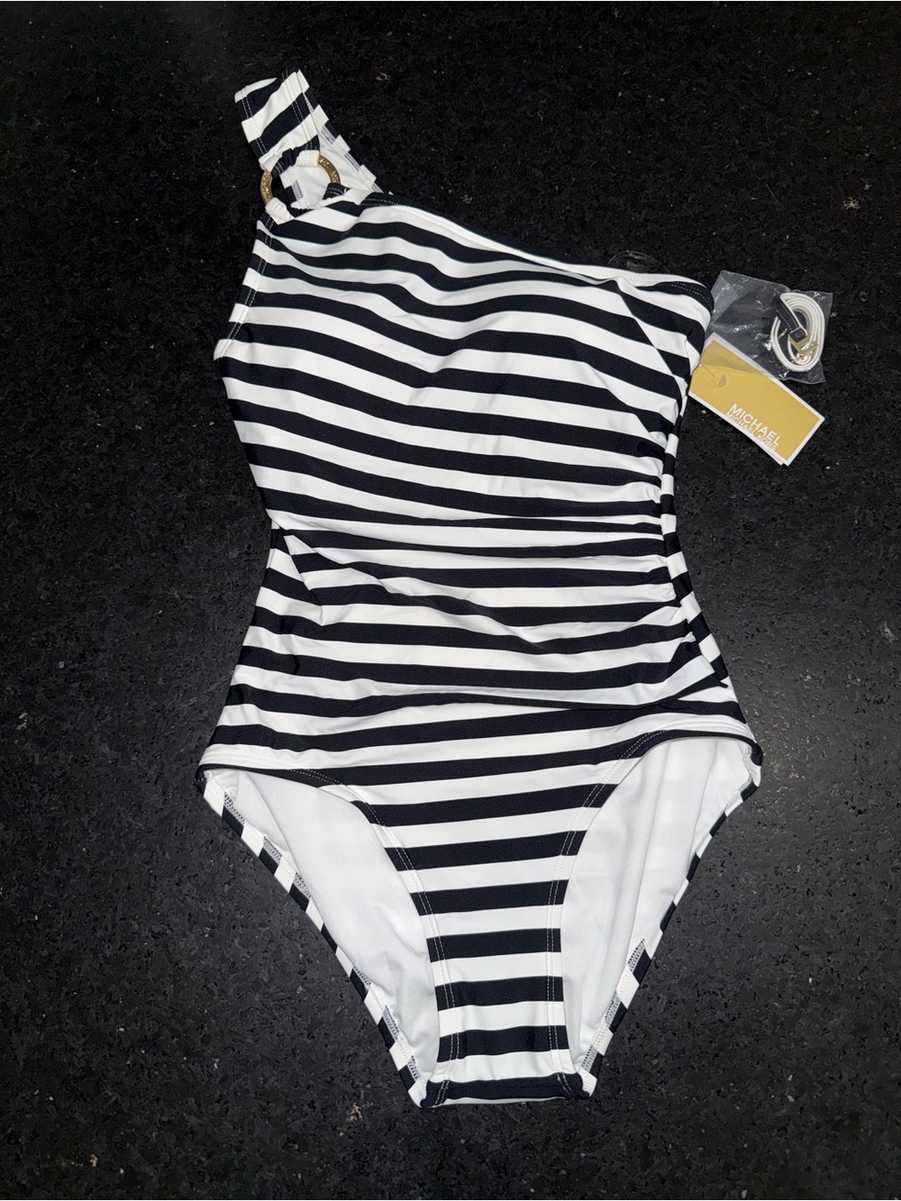 NEW MICHAEL KORS Black and White Striped One Shoulder One Piece Swimsuit SZ 6 - Picture 2 of 8